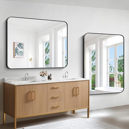 Bathroom Mirror, 48x36 inch Black Rectangle Wall Mirror, Metal Frame Rounded - Image 4