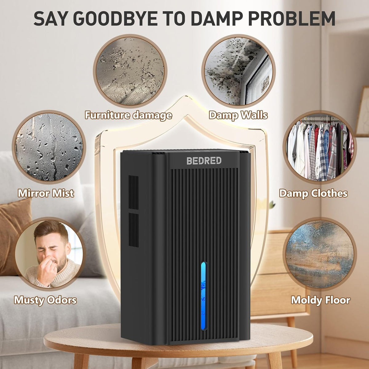 bedred dehumidifier, 95oz dehumidifier for home 1000 sq.ft, front angle view