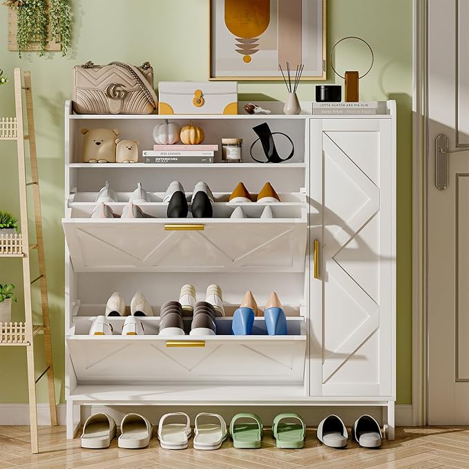 White Shoe Cabinet with 2 Flip Drawers Door, Adjustable Shelves, Narrow Shoe - Image 8