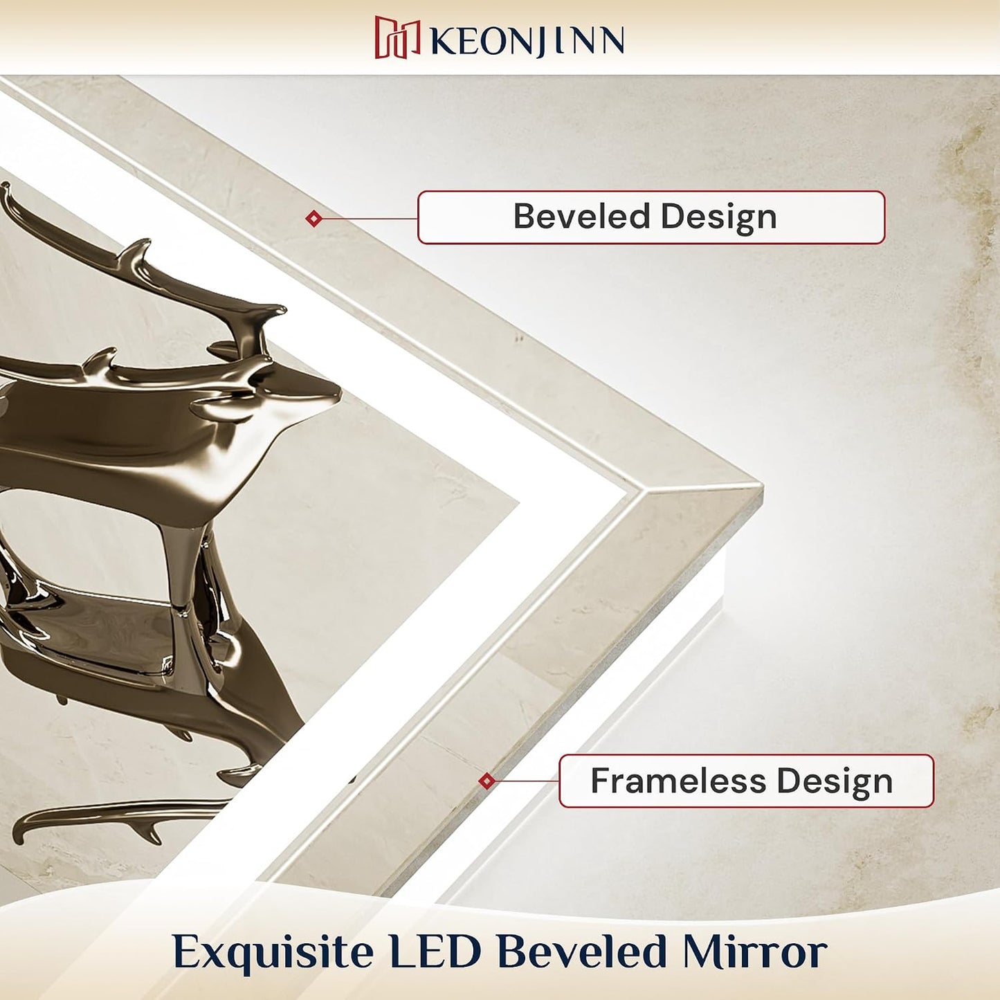 Keonjinn Beveled Bathroom Mirror with Lights 28" x 36", Frontlit & Backlit | HD Tempered Glass, Lighted Mirrors for Bathroom Wall, 3 Color Lights, Fast Defogging, Stepless Dimmable, Wall Switch/Plug in