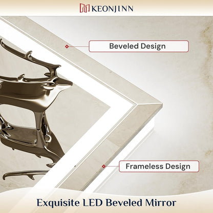 Keonjinn 30" x 36" Beveled LED Bathroom Mirror with Lights, Tempered Glass | Front and Backlight, Lighted Mirrors for Bathroom Wall, 3 Color Lights, Fast Defogging, Stepless Dimmable, Hardwired/Plug in
