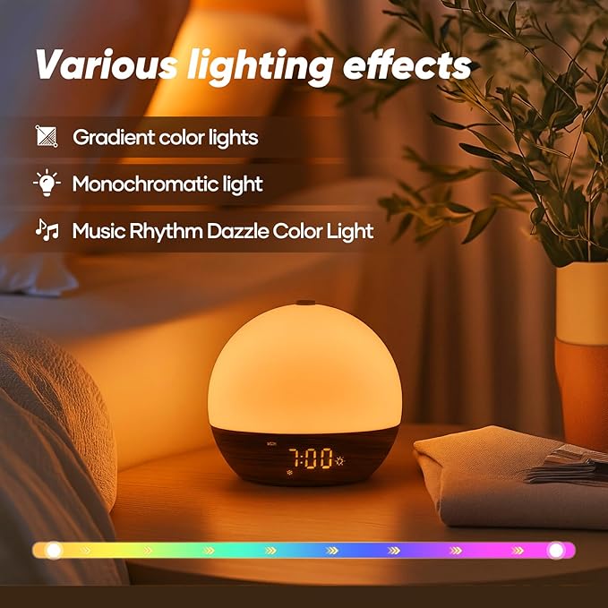 Sunrise Alarm Clock, Sound Machine, Wood Grain Dimmable Night Light - Image 2