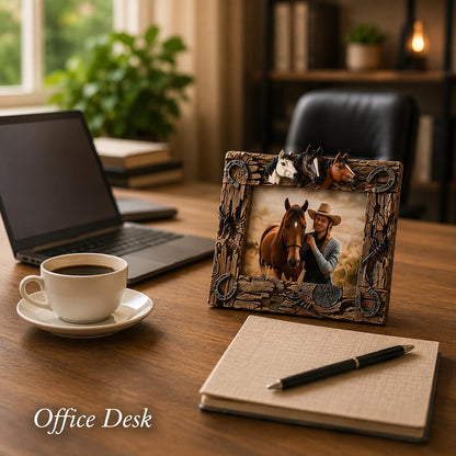 Comfy Hour Horse Figurine Photo Frame 10.7 Inch, Western Picture Frame for 5x7 Photos, Rustic Brown Resin Cowboy Decor for Desk, Mantel, Office