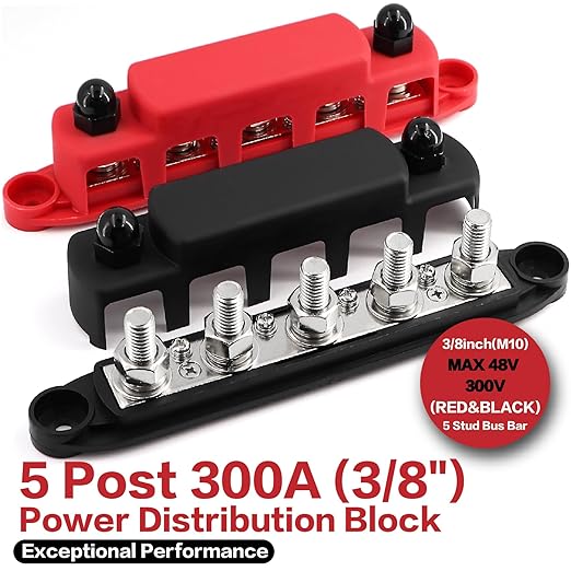 Tuijodaix 300A Bus Bar 5 Post 12V-48V DC Power Distribution Block, 5 * 3/8" - Image 2