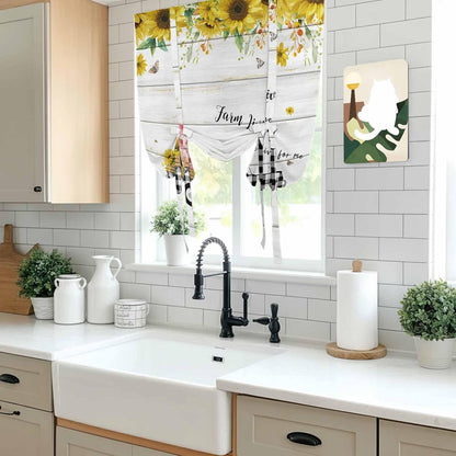 Sunflowers Tie Up Curtains for Window, Spring Botanical Truck Pig Wooden Grain Thermal Insulated Balloon Shade Adjustable Rod Pocket Curtains Valance Panels for Kitchen Bathroom Café 42'' x 63''