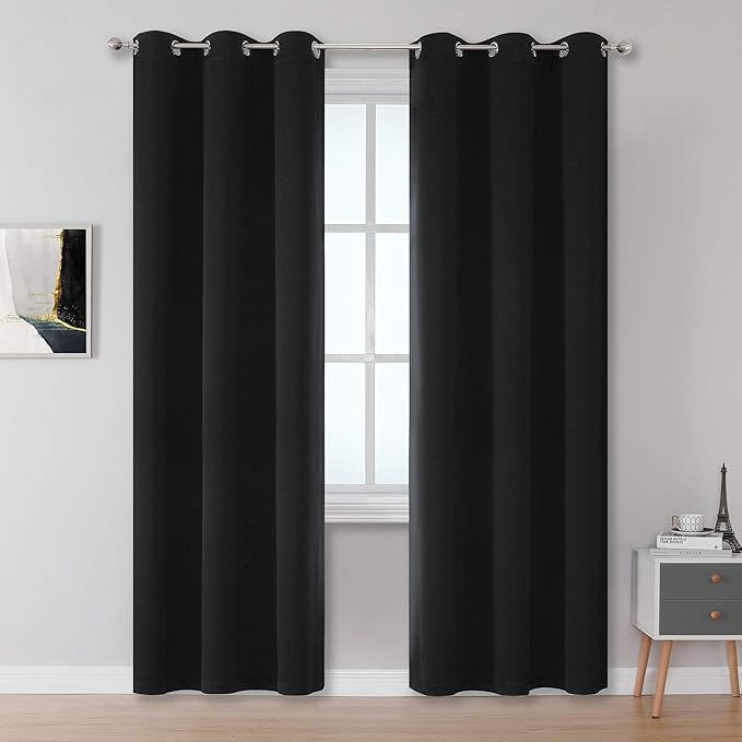 DUALIFE Black Blackout Curtain for Living Room 84 Inch Length Solid Energy by DUALIFE