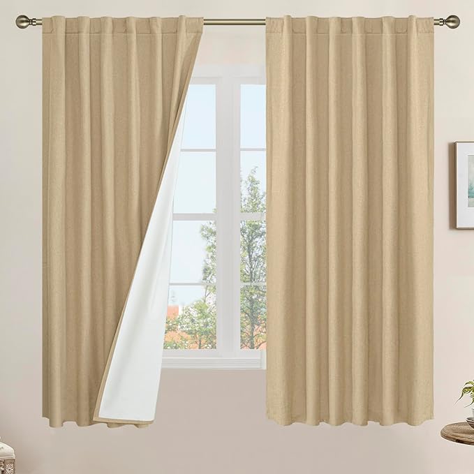 LAMIT Natural 100% Blackout Linen Curtains, 63 Inches Linen Textured Thermal by LAMIT