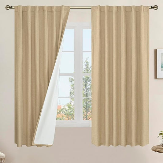 LAMIT Natural 100% Blackout Linen Curtains, 63 Inches Linen Textured Thermal by LAMIT