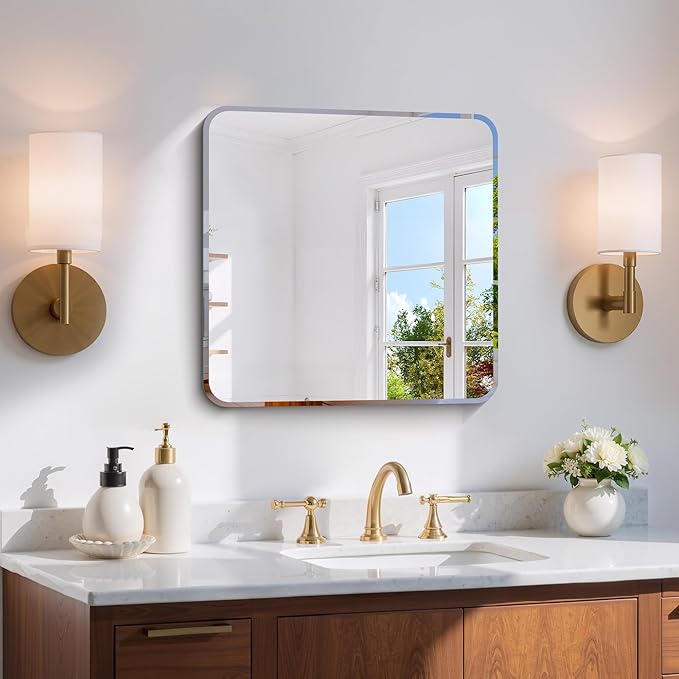 CILIBER Beveled Frameless Mirror, 18x18 Square Bathroom Mirror Rounded Corner by CILIBER
