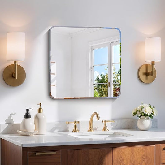 CILIBER Beveled Frameless Mirror, 18x18 Square Bathroom Mirror Rounded Corner by CILIBER
