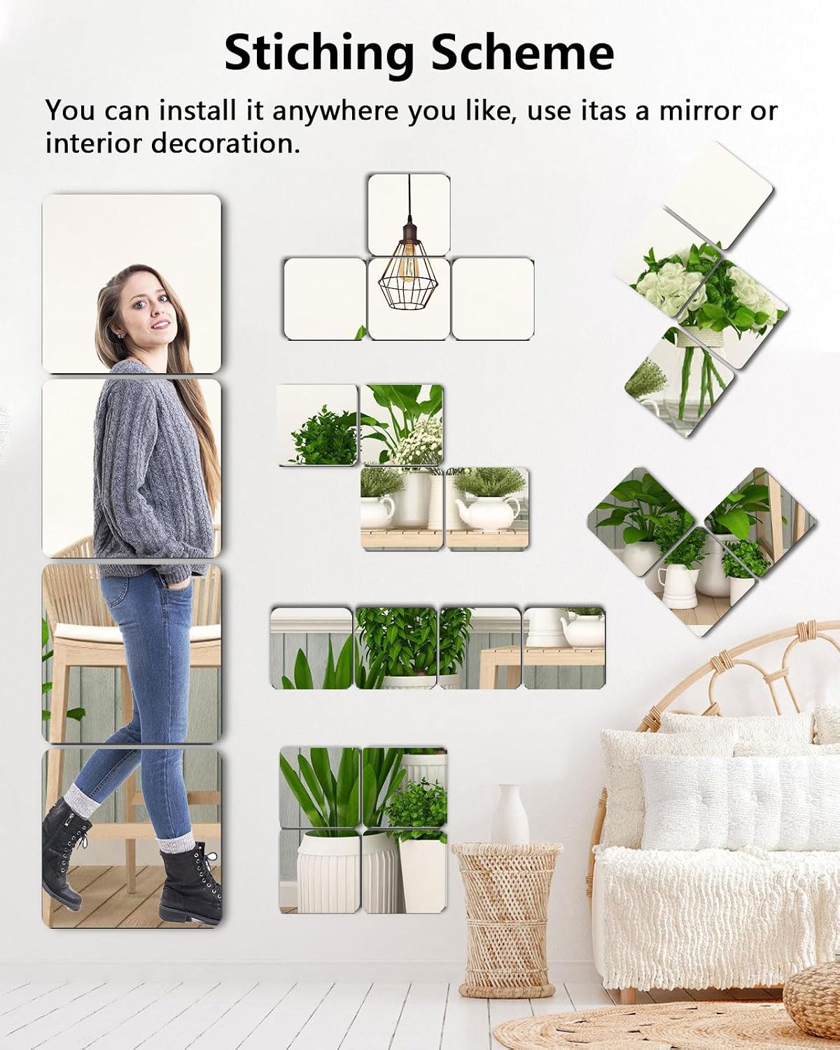 Unbreakable Mirror Tiles, 4PCS 8”x8” Peel And Stick on Mirror for Wall Mirrors Decorative, Toddlers for Kids Bedroom, Plastic Gym Frameless Door Small Adhesive Mirrors for Classroom Decor Stickers