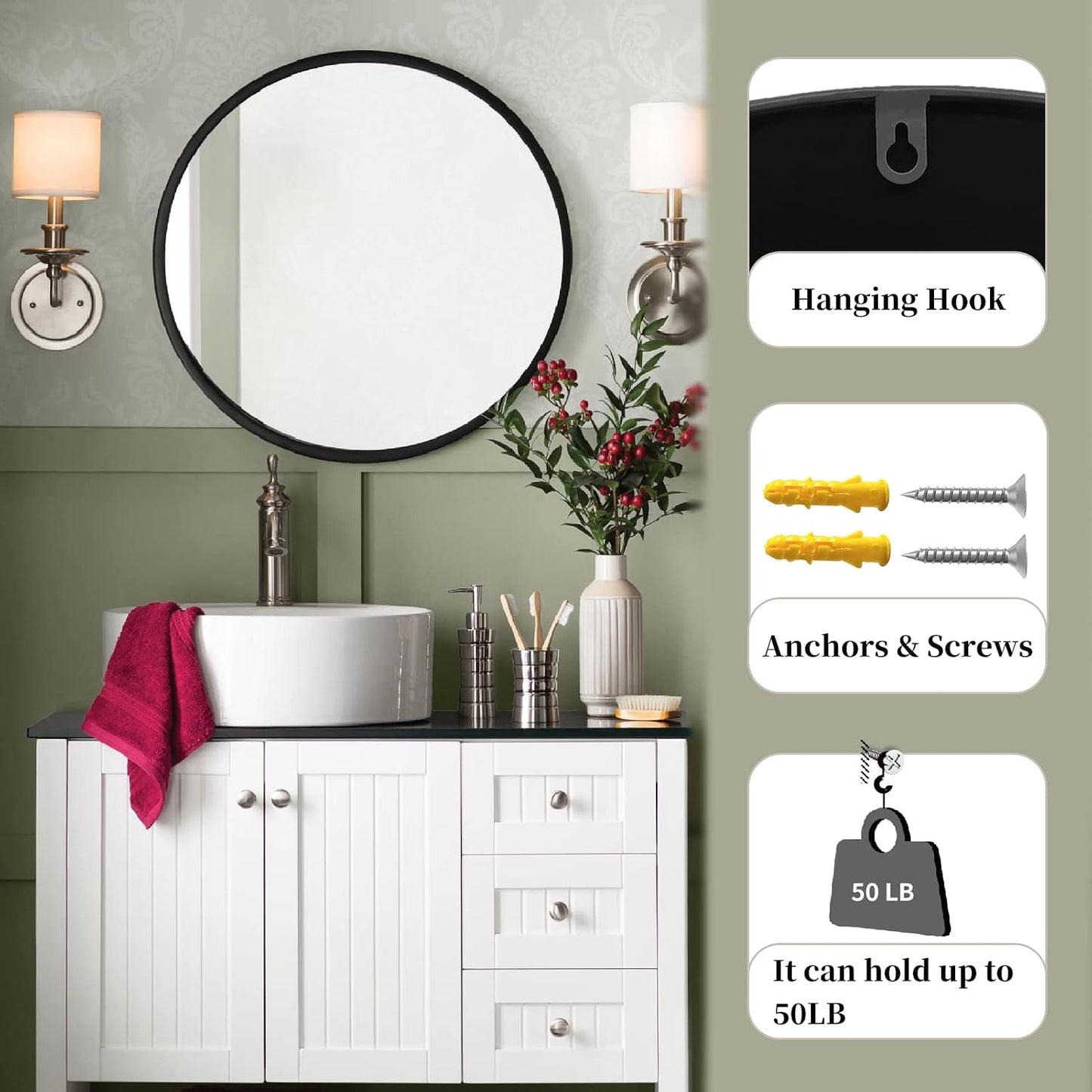 G-LEAF Black Round Mirror 32 inch Circle Mirror for Bathroom Vanity, Entryway, Living Room, Round Bathroom Mirror for Wall