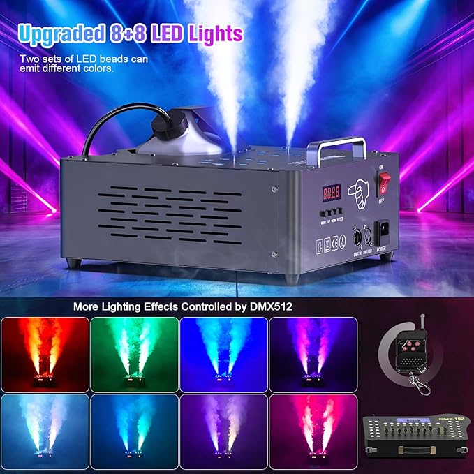 2000W Professional Fog Machine Dual Nozzle with 16 RGB LED, DMX Control Adjus...