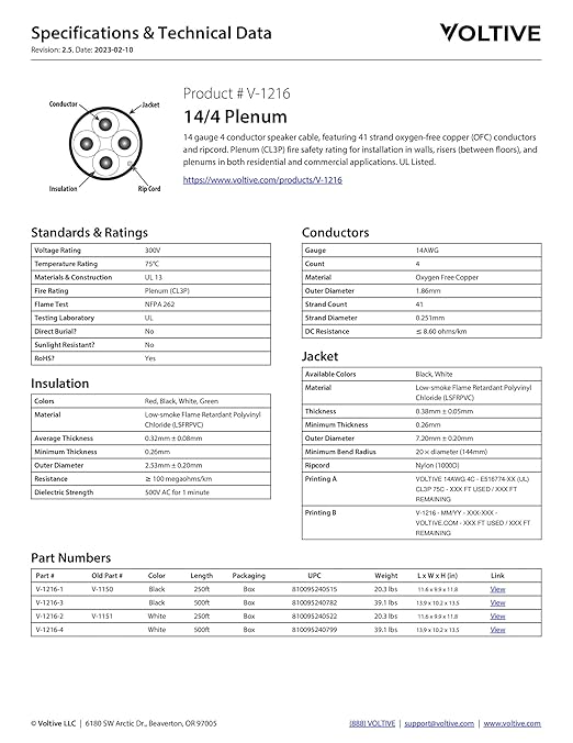Voltive 14/4 Speaker Wire, Plenum CL3P, 500ft - Image 6