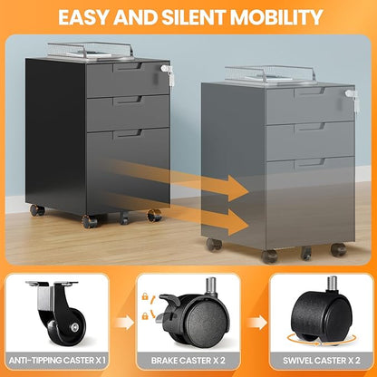 3 Drawer File Cabinet with Lock, Fully Assembled Metal Mobile Filing Cabinets - Image 4