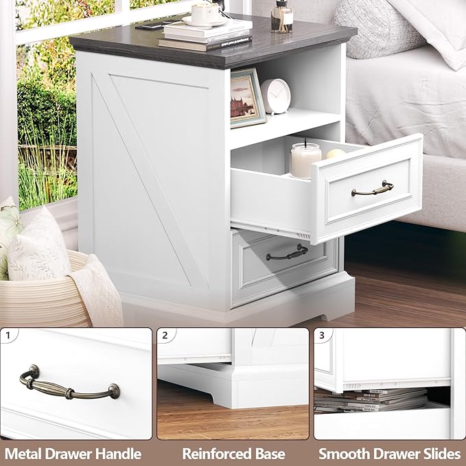 Nightstand with Charging Station Set of 2, Rustic Farmhouse Wood Small Dresser - Image 4