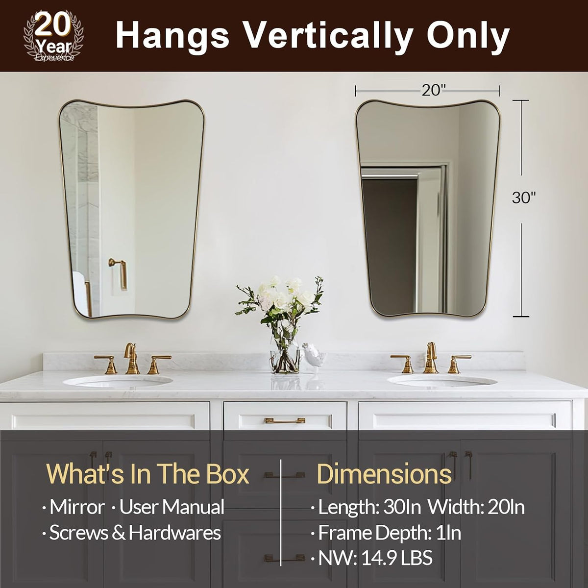 Irregular 20"x30" Brushed Gold Vanity Mirror | Anti-Rust Stainless Steel Frame, Soft Wavy Silhouette, Organic Bathroom Decor, Ideal for Bathroom Remodel, Hangs Vertically