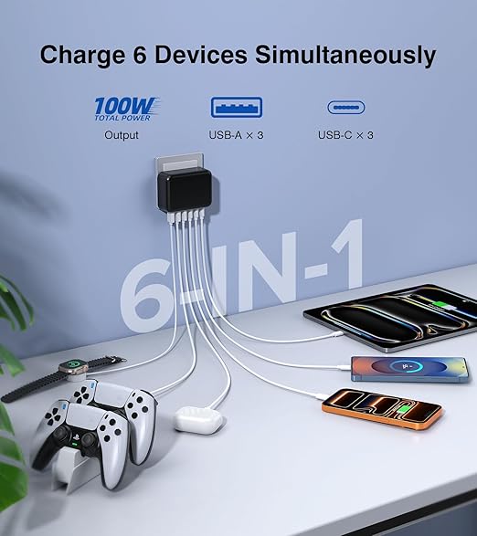 Fast Charger Block, GaN 6 Port USB C Charging Station Hub Cube, 100W Multiport - Image 2