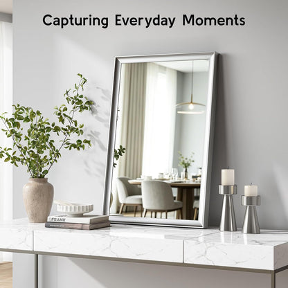 2 Pack Brushed Nickel Bathroom Mirrors 24x36 Inch | Silver Rectangle Vanity Mirror for Bedroom, Entryway, Living Room Decor, Aluminum Framed, Curved Wide Edge, Anti-Rust