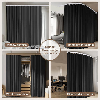 MaKefeile Room Divider Curtains & Flexible Bendable Tracks Set,Privacy Dividers Ceiling Track Curtain Window Blackout Curtains for Living Room Bedroom (W100 × H84 in 1 Panel Black Drape & White Rail)