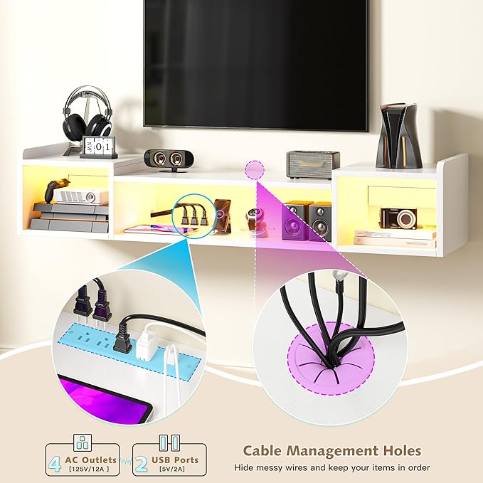55.1"W Floating TV Stand with LED Lights & Power Outlets - Image 4