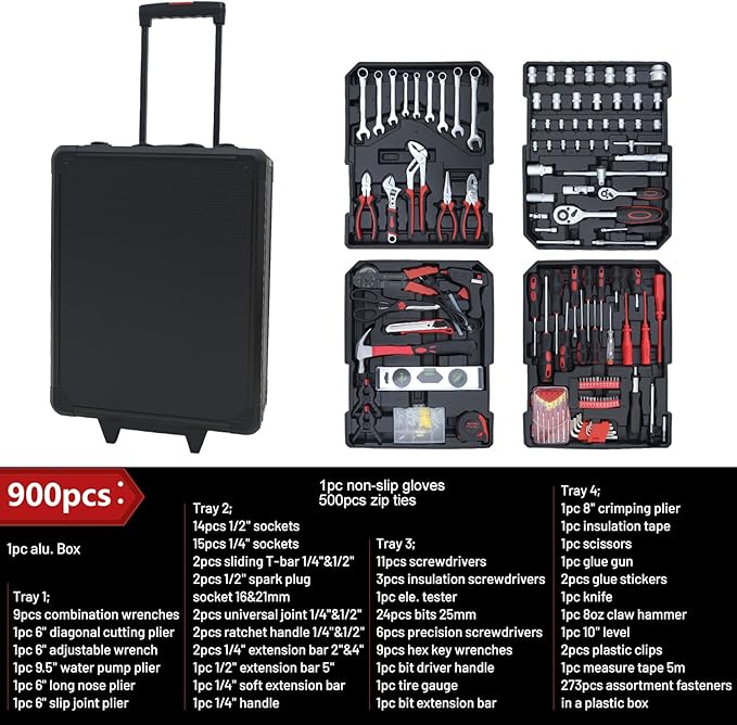 900PCS Complete Home Tool Set Versatile Rolling Tool Kit - Image 2