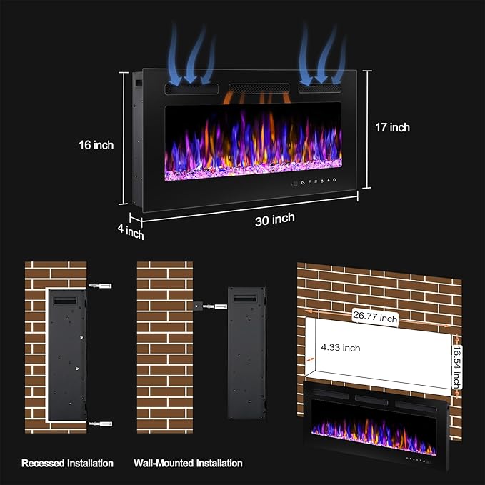 30" Electric Fireplace Wall Mounted and Recessed - Image 4