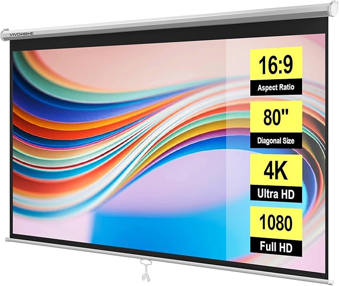 VIVOHOME 80 Inch 16:9 Pull Down Projector Screen, HD 4K Retractable Movie Screen by VIVOHOME