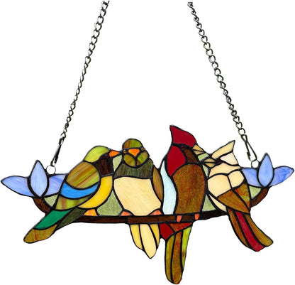Tiffany Style Stained Glass Window Panel with Chain, 4 Birds Handcraft Stained Glass Window Hanging, Glass Ornaments Wall Décor Hanging Art,Length:16XHeight: 9 inches