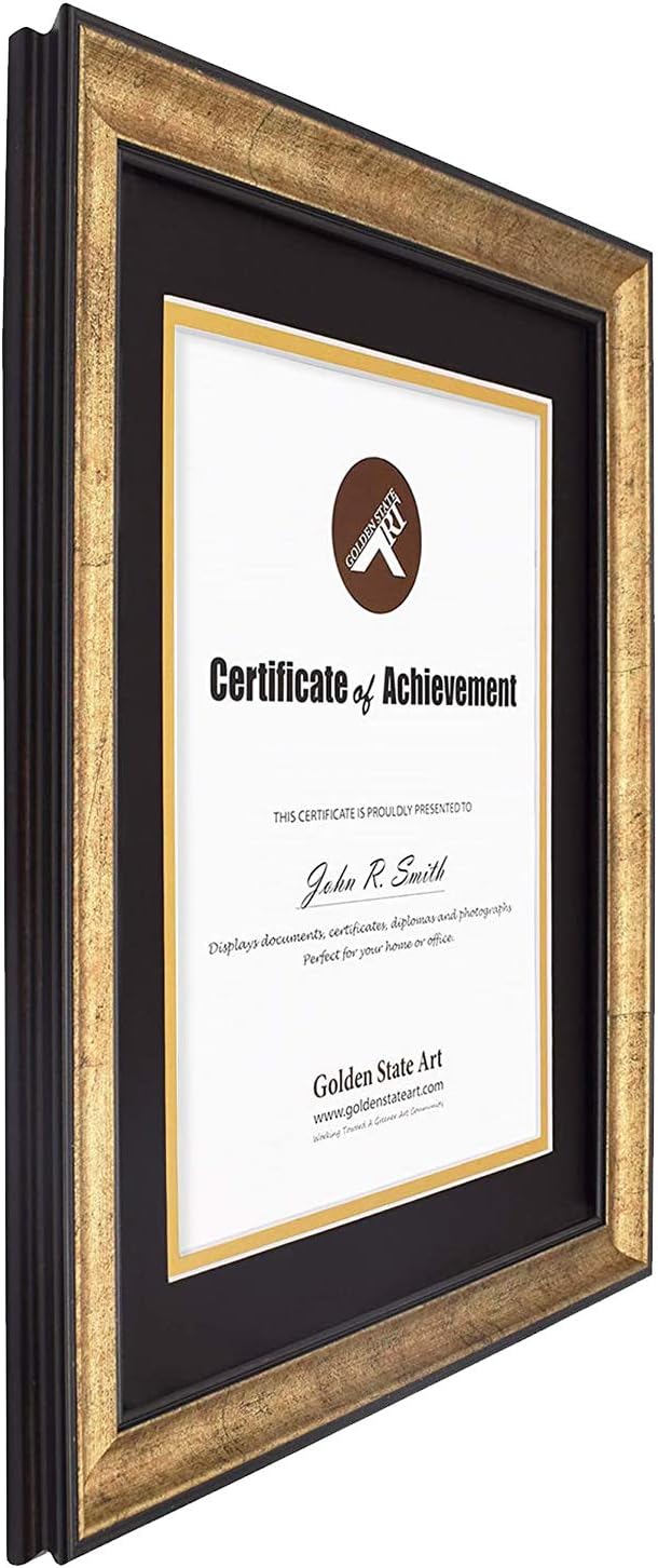 Golden State Art 11x14 Frame for 8.5x11 Diploma Antique Gold Real Glass | Includes Black Over Gold Double Mat,Fits 8.5x11 Certificate, Document, Photo, Picture, Wall Mount