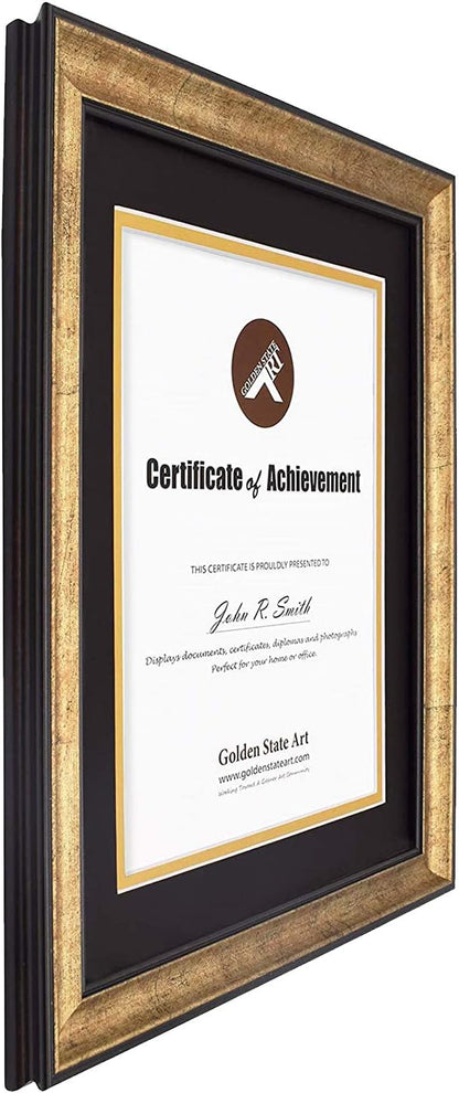 Golden State Art 11x14 Frame for 8.5x11 Diploma Antique Gold Real Glass | Includes Black Over Gold Double Mat,Fits 8.5x11 Certificate, Document, Photo, Picture, Wall Mount