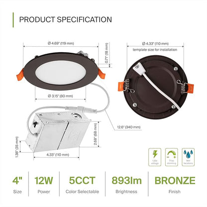 ASD 1 Pack LED Recessed Lighting 4 Inch 12W, 5 CCT 2700K-5000K CRI90+, IC Rated - Image 2
