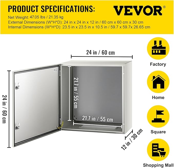 VEVOR NEMA Steel Enclosure, IP66 Waterproof & Dustproof, Outdoor/Indoor - Image 7
