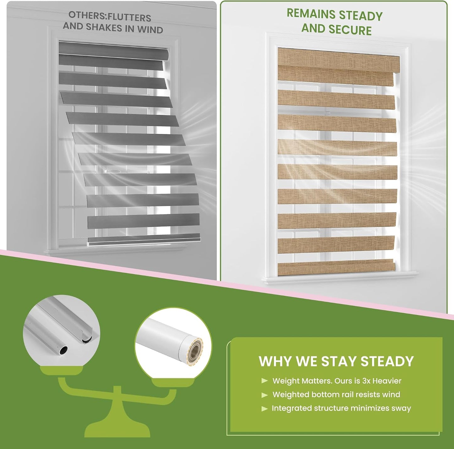 Cordless Zebra Blinds for Windows, Brown, 34.5" W x 72" H | Dual Layer Light Control for Day and Night,Light Filtering & Blackout Window Blinds,Easy to Install Zebra Blind for Home
