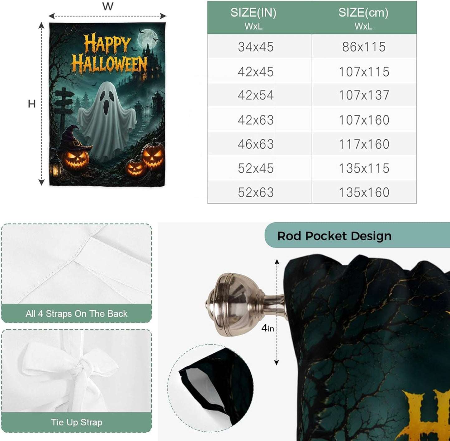Happy Halloween Ghost Pumpkin Tie Up Curtains for Windows, Retro Haunted House Rod Pocket Window Shade Adjustable Balloon Curtain Valance for Bedroom Kitchen Bathroom Blinds 34x45in