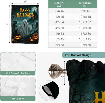 Happy Halloween Ghost Pumpkin Tie Up Curtains for Windows, Retro Haunted House Rod Pocket Window Shade Adjustable Balloon Curtain Valance for Bedroom Kitchen Bathroom Blinds 34x45in