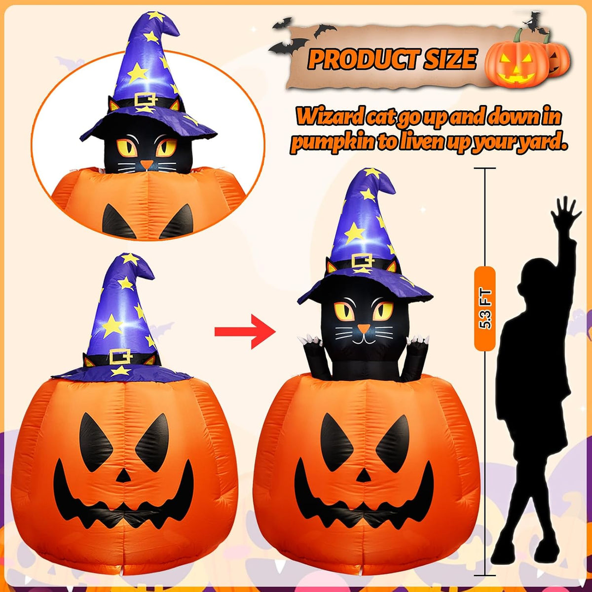 5.3 FT Halloween Inflatable Animated Witch Cat in Pumpkin, Blow Up Yard Decor...