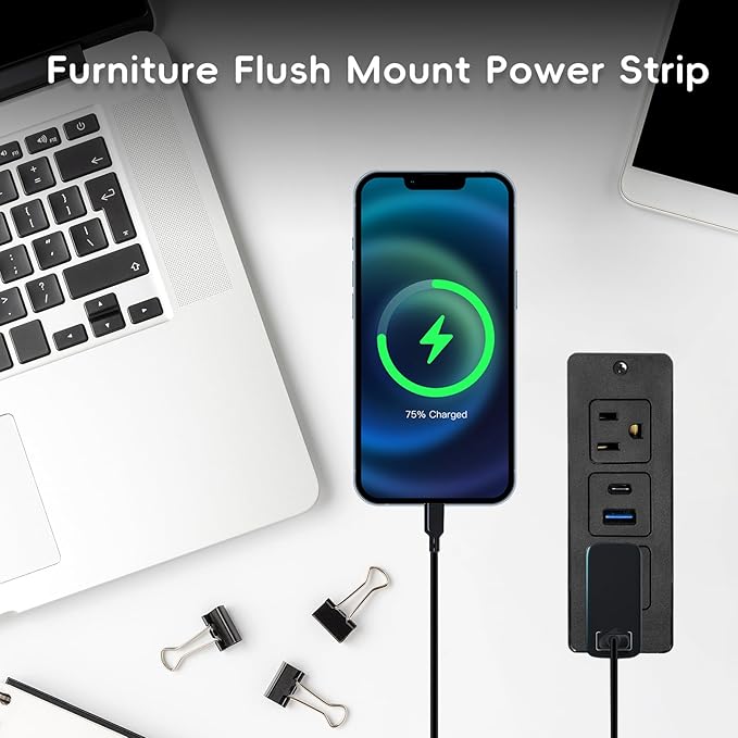 Havorbit 20W Recessed Power Strip USB, 2 AC Outlets + 1 USB-C + 1 USB-A Ports - Image 3