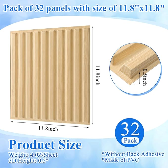 Nuanchu 32 Pcs 3D Slat Wall Panels 12 x 12 Inch PVC Fluted Textured Panel - Image 2