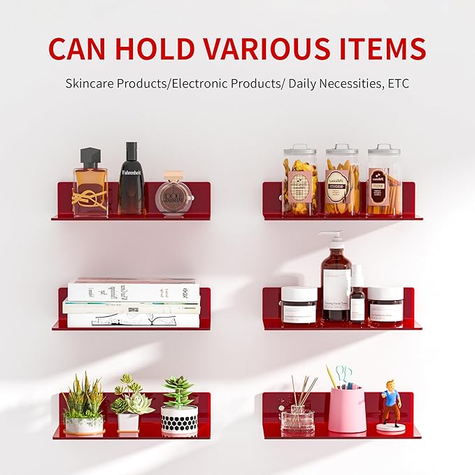 12 Inches Red Small Wall Shelves, Acrylic Bathroom Floating Shelves - Image 4