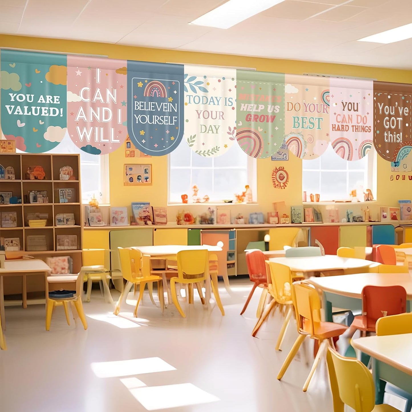 Hahafelt 8 Pcs School Classroom Curtains 36" x 24" Everyone is Welcome Boho Rainbow Colorful Curtains Back to School Classroom Decor for Positive Affirmation Kindergarten Daycare Playroom Room Decor