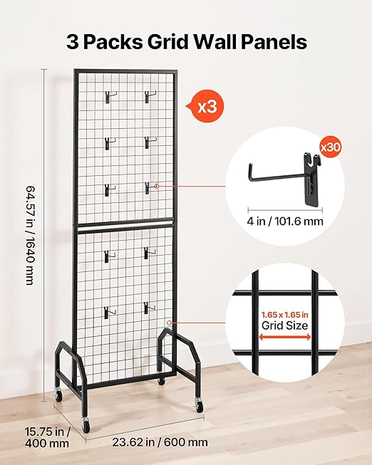 VEVOR 3 Packs Grid Wall Panels, 1.9 x 5.4 ft Wire Grid Panels Display Rack - Image 2