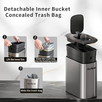 MRBIN Stainless Steel Motion Sensor Bathroom Trash Can, 10L / 2.6gal Slim Smart - Image 5