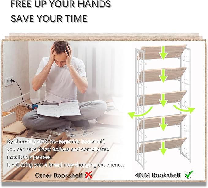 4NM No Assembly 5 Tiers Folding Bookshelf, 59.4" H Foldable Storage Shelves - Image 6