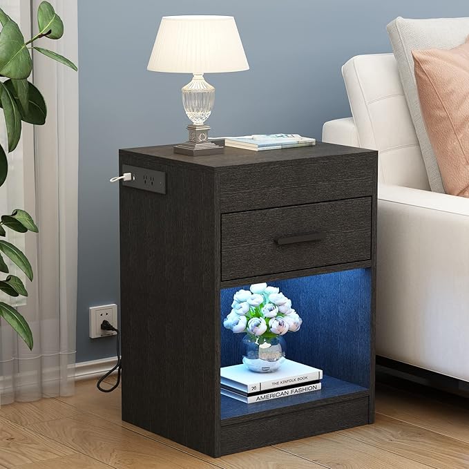 Auromie Nightstand with Charging Station and LED Lights, Concealment Furniture - Image 8