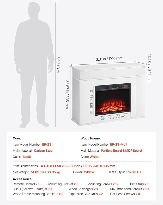VEVOR 43 inch Freestanding Fireplaces, 1500W 5120BTU Fake Electric Fireplace - Image 7