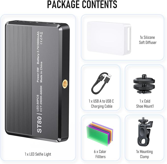 80 LED Video Light, Portable USB Photo Light Dimmable 2500-9000K CRI 95+ - Image 7