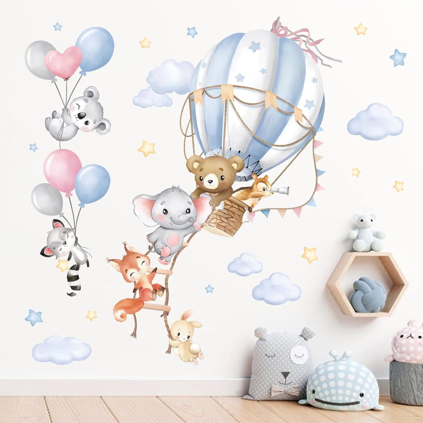 wondever Large Hot Air Balloon Animals Wall Decals Bear Elephant Fox Peel and Stick Wall Art Stickers for Kids Baby Nursery Bedroom | Peel and Stick, Removable, Wall Art Decals, Wall Decoration, Kids Room, Bedroom Baby Nursery Playroom Decor