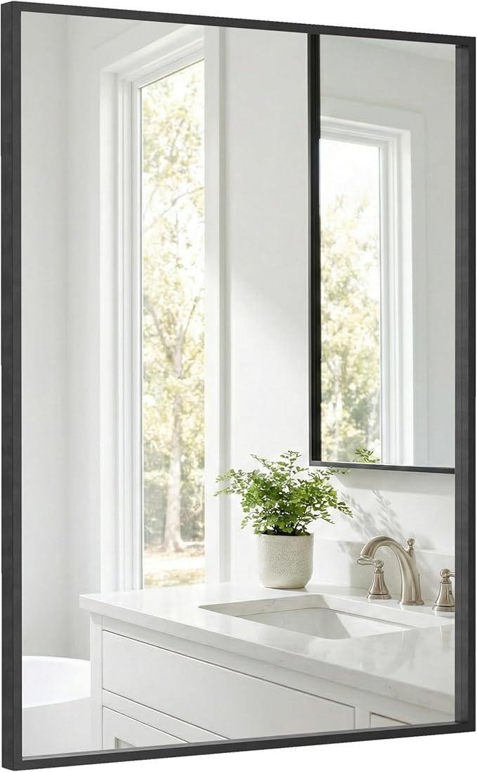 24''x36'' Matte Black Bathroom Mirror | Deep-Set Recessed Metal Frame | by Pocetry