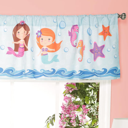 EVERYDAY KIDS Mermaid 60x15” Coastal Print Window Valance for Toddler, Baby and Young Girls Bedrooms Window Décor Treatment in Turquoise, Blue, Purple and Orange